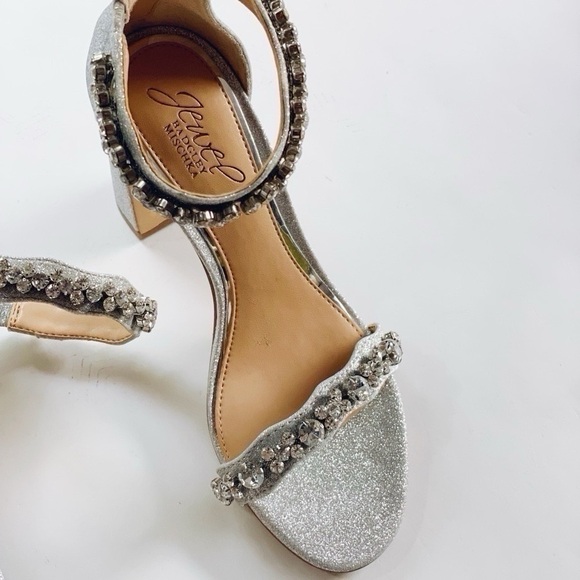 NEW Badgley Mischka Mayra Silver Glitter Rhinestone Ankle Strap Heels - Picture 10 of 12